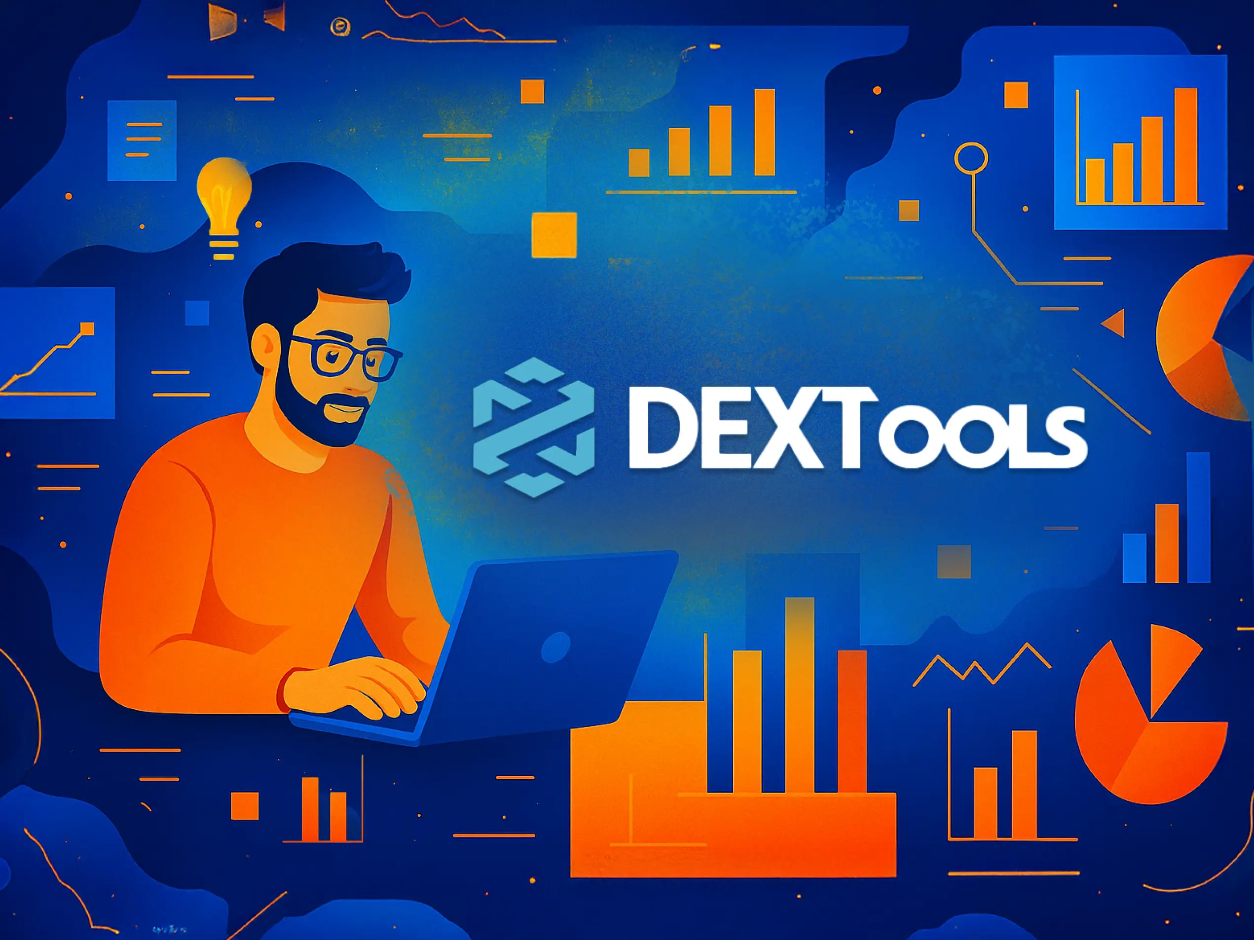 Token listing on DexTools – illustration of a trader with a laptop, analytics charts, and DexTools logo