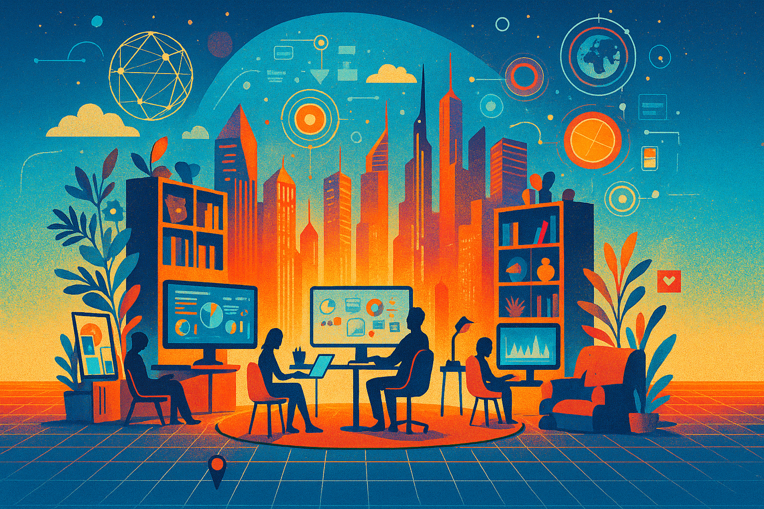 DexTools: a group of people sitting around a table in front of a large city