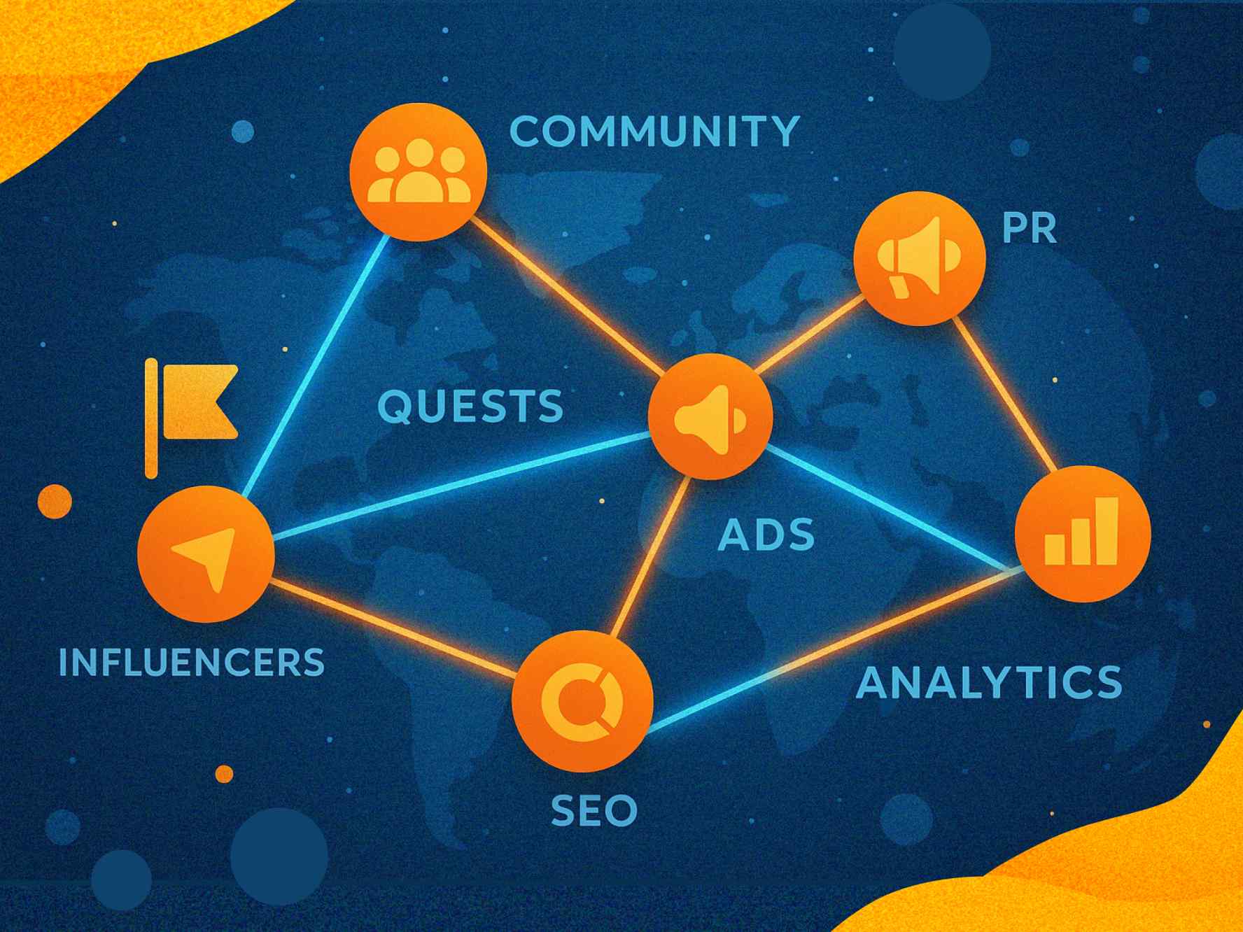 a network of orange and blue dots with white text - Top Services to Advertise a Crypto Project in 2025