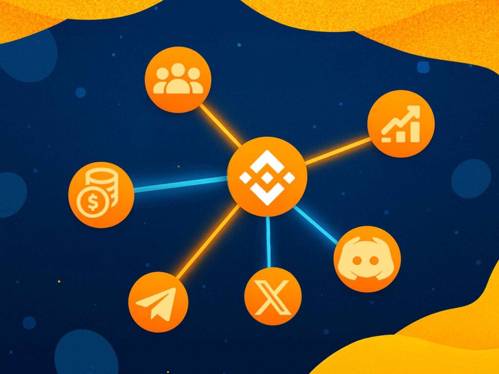 a group of icons on a blue background - How to List Your Crypto Project on Binance: Strategy, Requirements and Marketing Prep