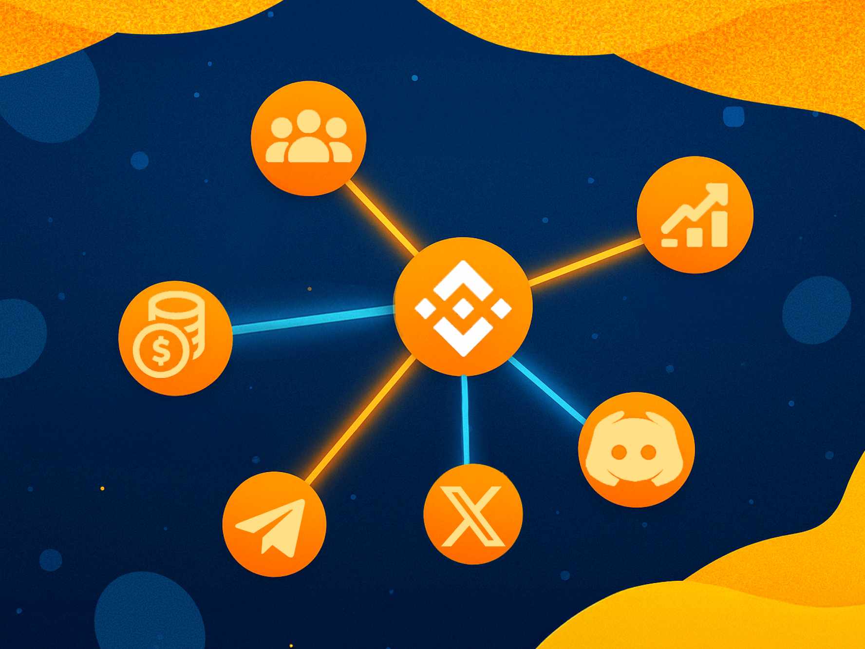 a group of icons on a blue background - How to List Your Crypto Project on Binance: Strategy, Requirements and Marketing Prep