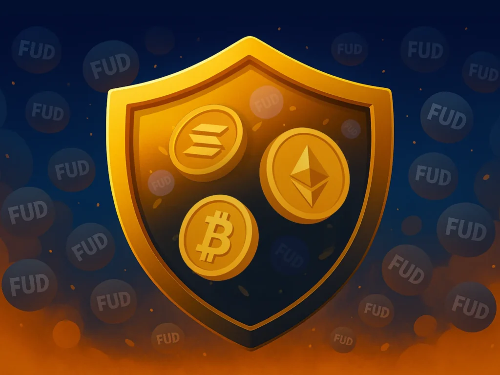 a shield with different coins - How to Fight Crypto FUD in Blockchain Communities