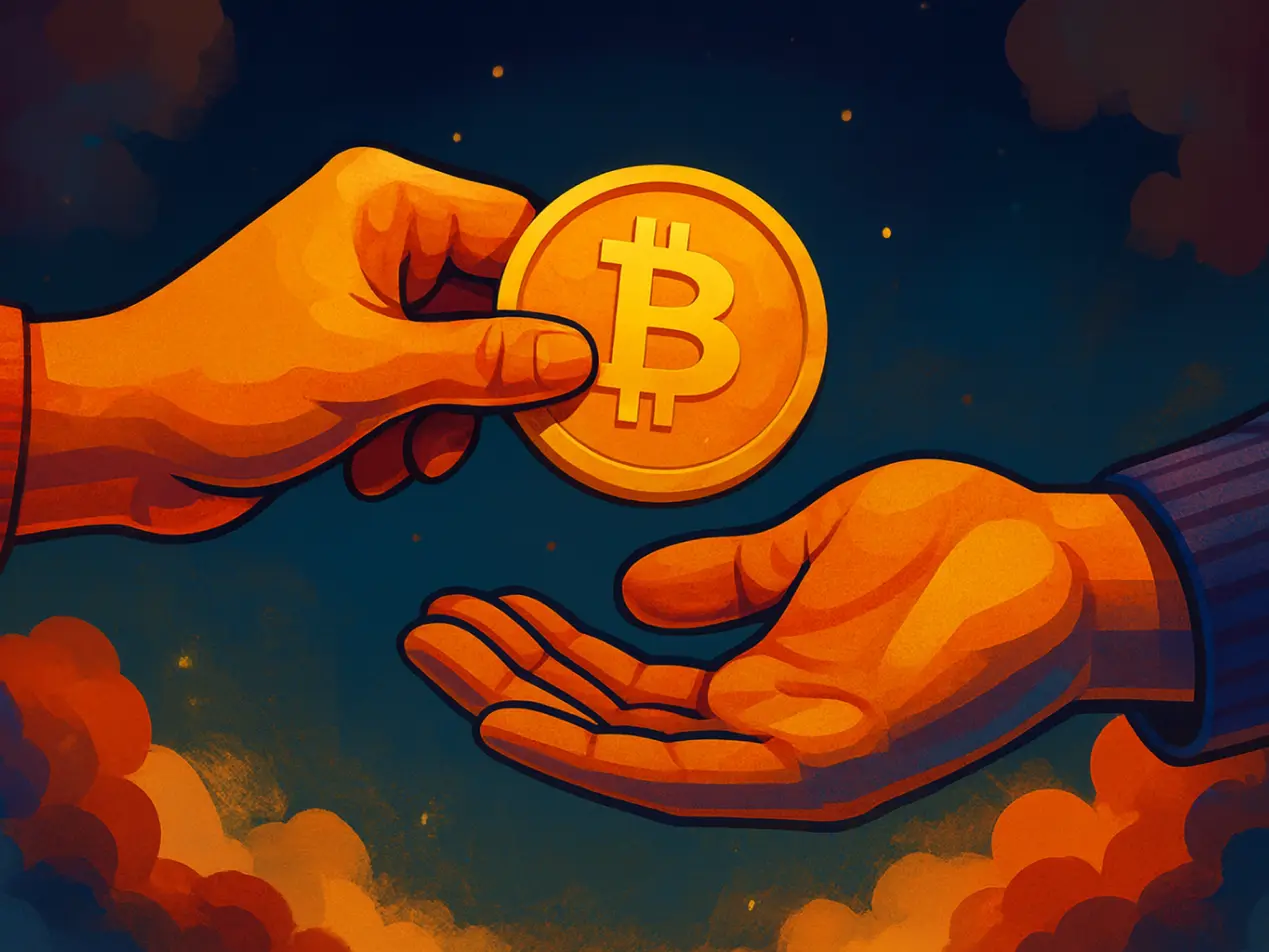 Hands exchanging a Bitcoin coin - Crypto Giveaway Campaigns 2025